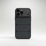 Apple iPhone case in black with a matte textured finish, three perforated cooling panels, and raised camera protection