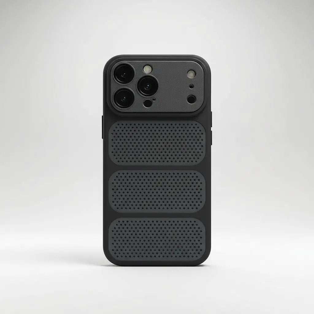 Apple iPhone case in black with a matte textured finish, three perforated cooling panels, and raised camera protection