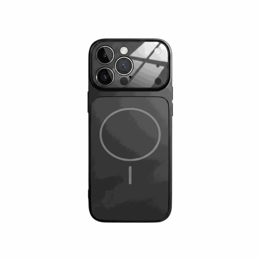 Apple iPhone case in black with a smooth slim shell, MagSafe ring and integrated tempered glass camera protector