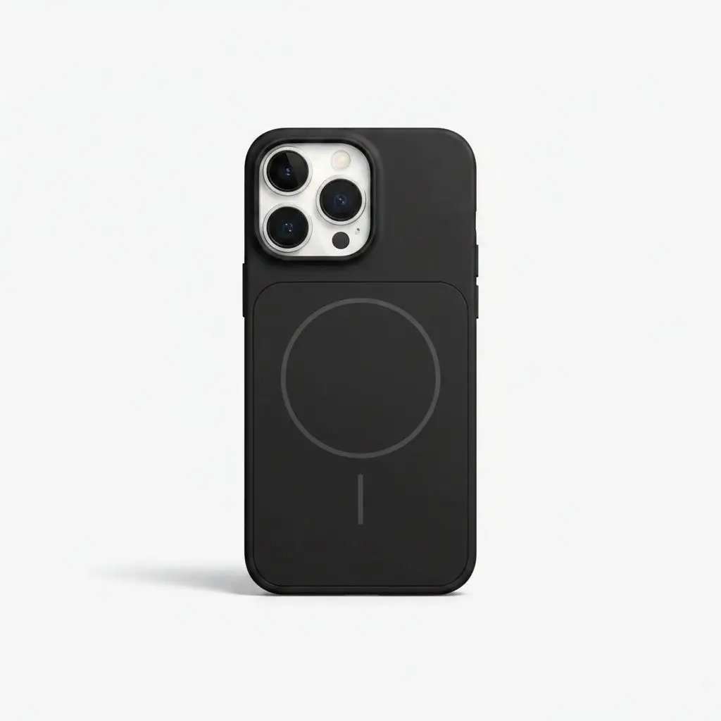 Apple iPhone case in black with a matte finish, raised camera edge, and visible MagSafe circle and alignment mark