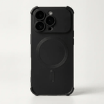 Apple iPhone case in black matte material with a raised camera surround, protective corner bumpers and MagSafe ring