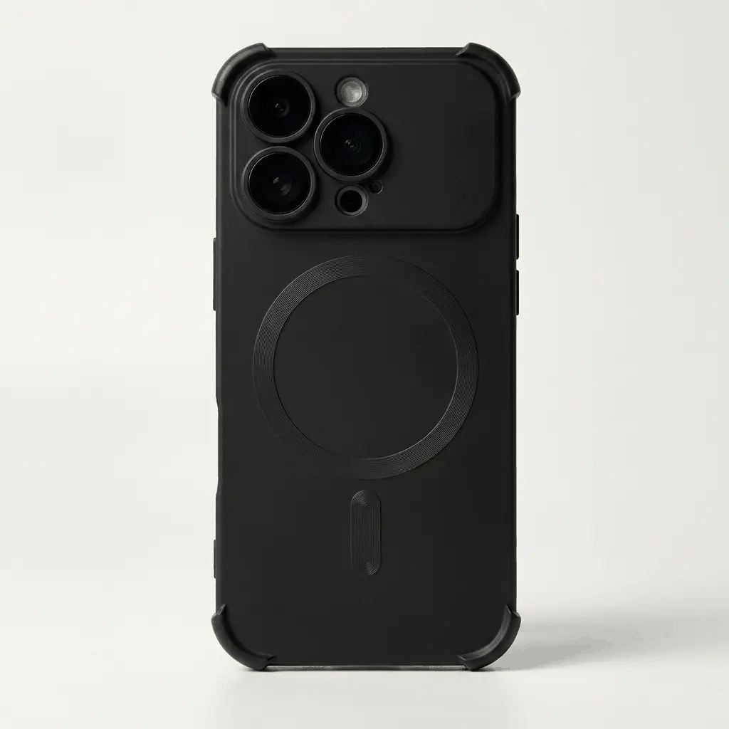 Apple iPhone case in black matte material with a raised camera surround, protective corner bumpers and MagSafe ring