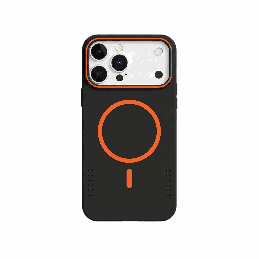 Apple iPhone case in black with a matte finish, orange MagSafe ring, matching camera trim and small grip dots