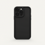 Apple iPhone protective case in matte black silicone with a smooth finish, raised edges and precise camera cutouts
