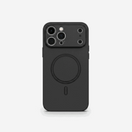 Apple iPhone case in black matte textured material with a raised multi-lens camera surround and circular MagSafe ring