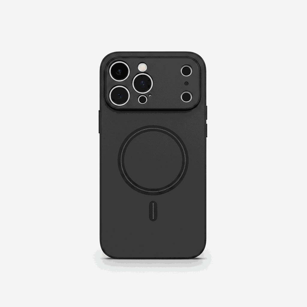 Apple iPhone case in black matte textured material with a raised multi-lens camera surround and circular MagSafe ring
