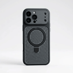 Apple iPhone case in black with a perforated mesh back, circular magnetic ring and integrated foldable kickstand