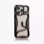 Apple iPhone case with a glossy black raised snake design framing a clear, light-coloured back and camera cutout
