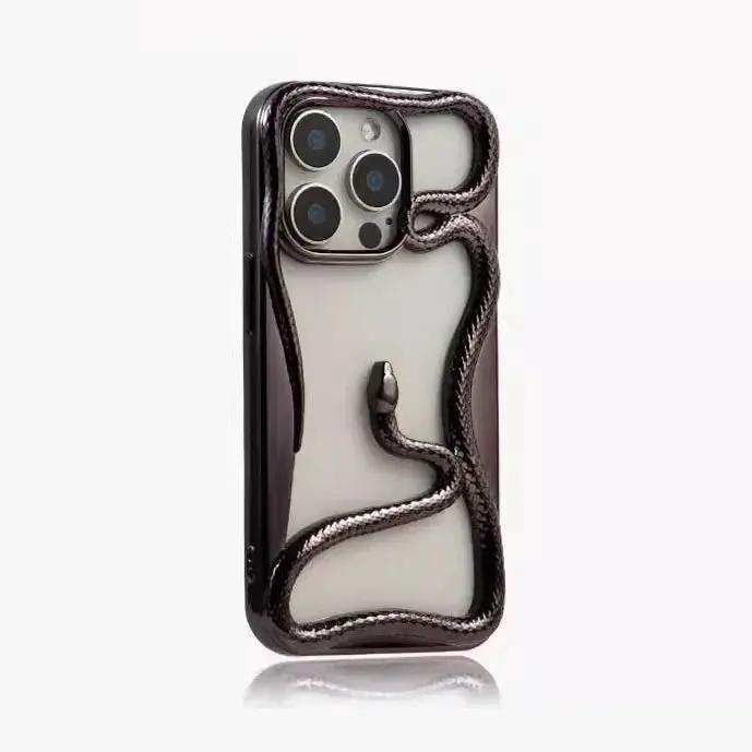Apple iPhone case with a glossy black raised snake design framing a clear, light-coloured back and camera cutout