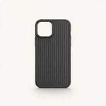 Apple iPhone case in black with a matte, textured surface and raised vertical ridges around a large camera opening