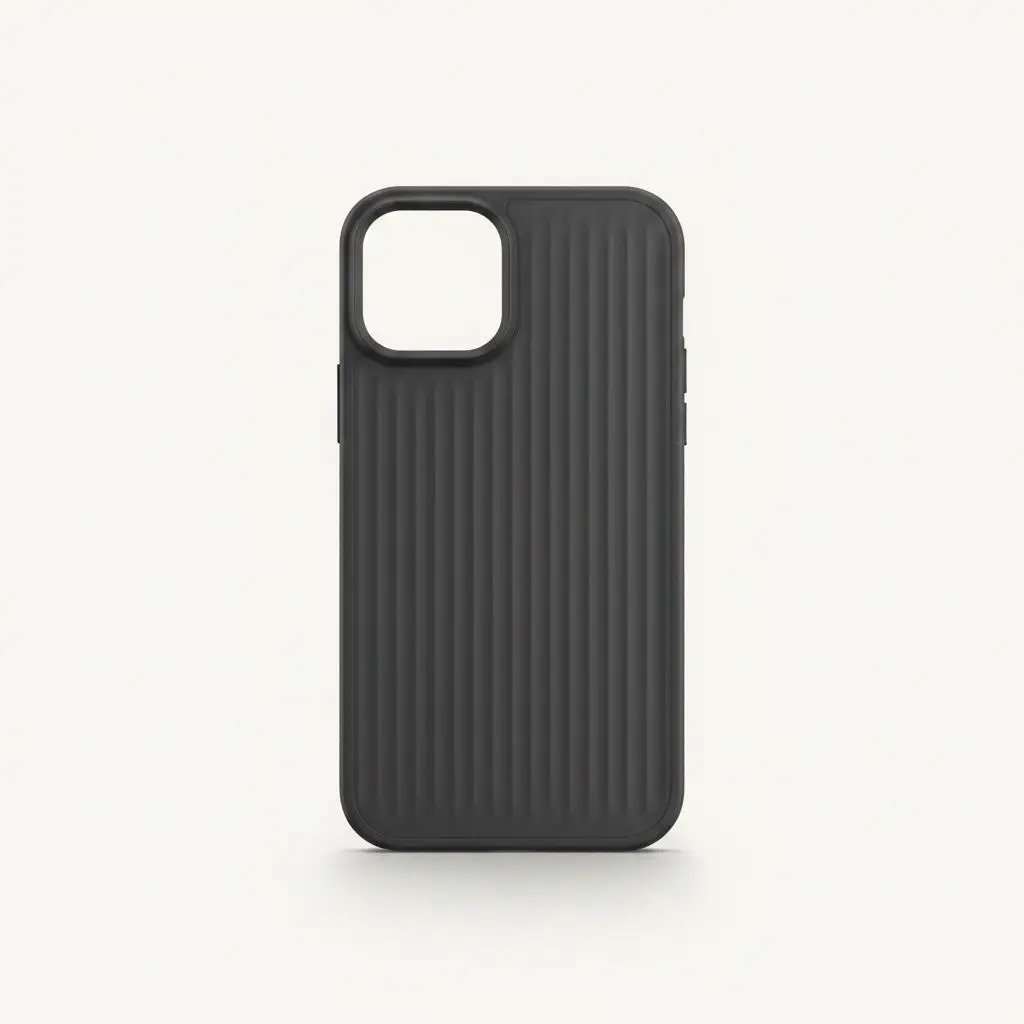 Apple iPhone case in black with a matte, textured surface and raised vertical ridges around a large camera opening