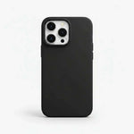 Apple iPhone case in smooth black silicone with a solid finish and raised camera opening for three lenses