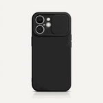 Apple iPhone case in matte black silicone with a smooth finish, raised camera surround and sliding lens protector