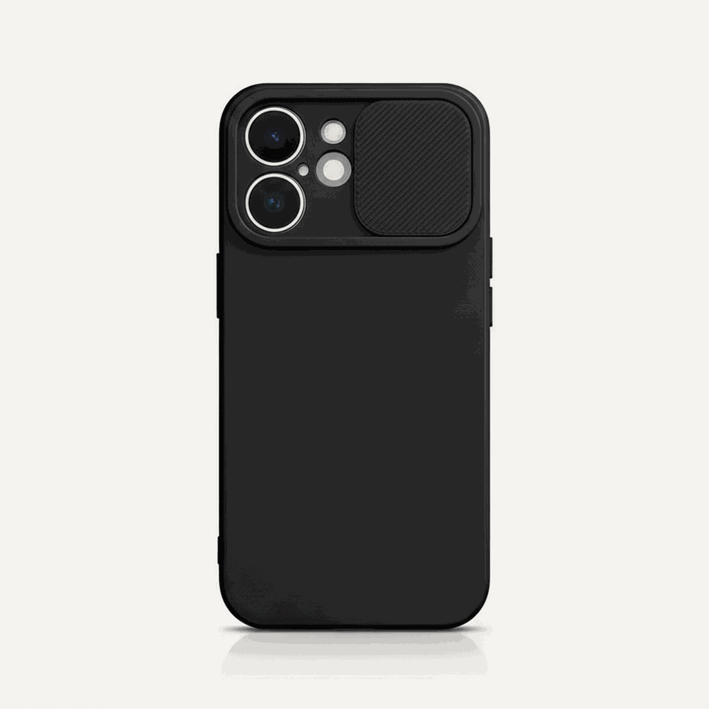 Apple iPhone case in matte black silicone with a smooth finish, raised camera surround and sliding lens protector