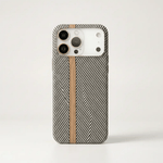 Apple iPhone case with black and silver woven carbon fibre texture, accented by a narrow copper-coloured stripe
