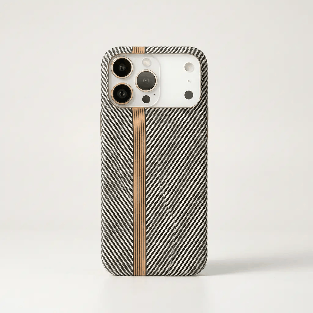 Apple iPhone case with black and silver woven carbon fibre texture, accented by a narrow copper-coloured stripe