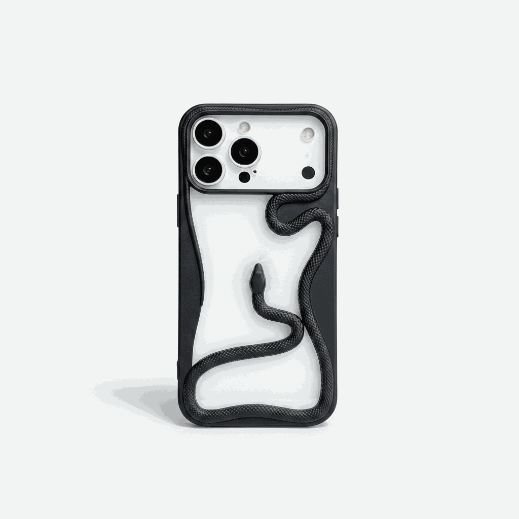 Apple iPhone case in black with a raised textured snake design winding across a clear back and a camera cutout.