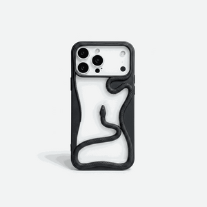 Apple iPhone case in black with a raised textured snake design winding across a clear back and a camera cutout.