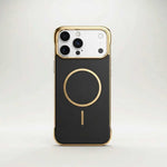 Apple iPhone case in black textured matte material with gold trim, a gold magnetic ring, and raised camera guard