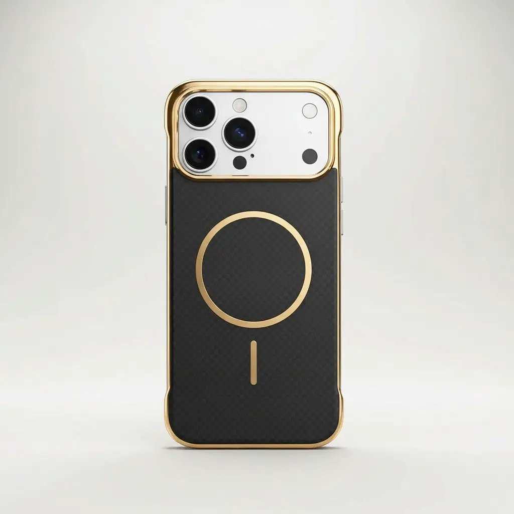 Apple iPhone case in black textured matte material with gold trim, a gold magnetic ring, and raised camera guard