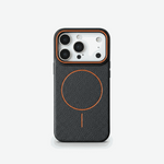 Apple iPhone case in black textured material with orange MagSafe ring and matching raised camera border