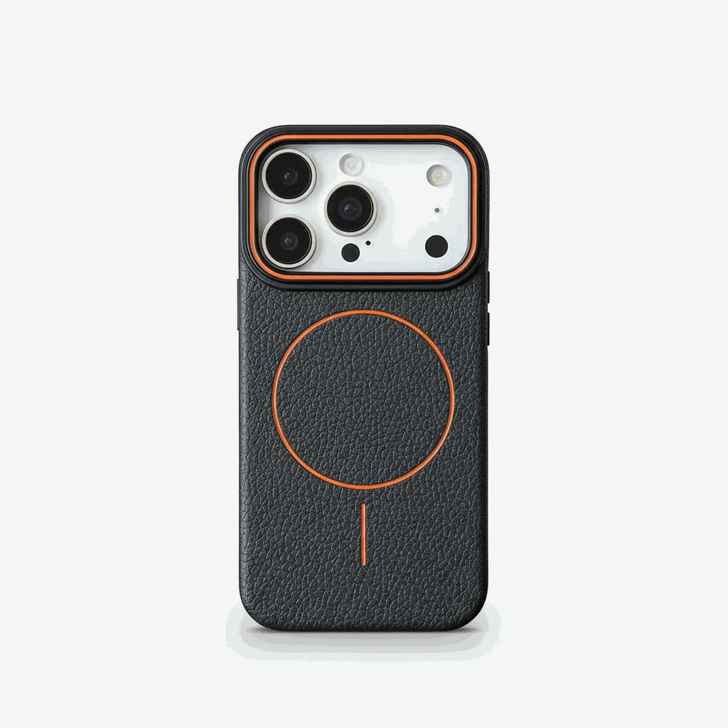 Apple iPhone case in black textured material with orange MagSafe ring and matching raised camera border