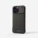 Apple iPhone case in black textured leather with a slim profile, raised triple-camera cutout and small circular speaker grille