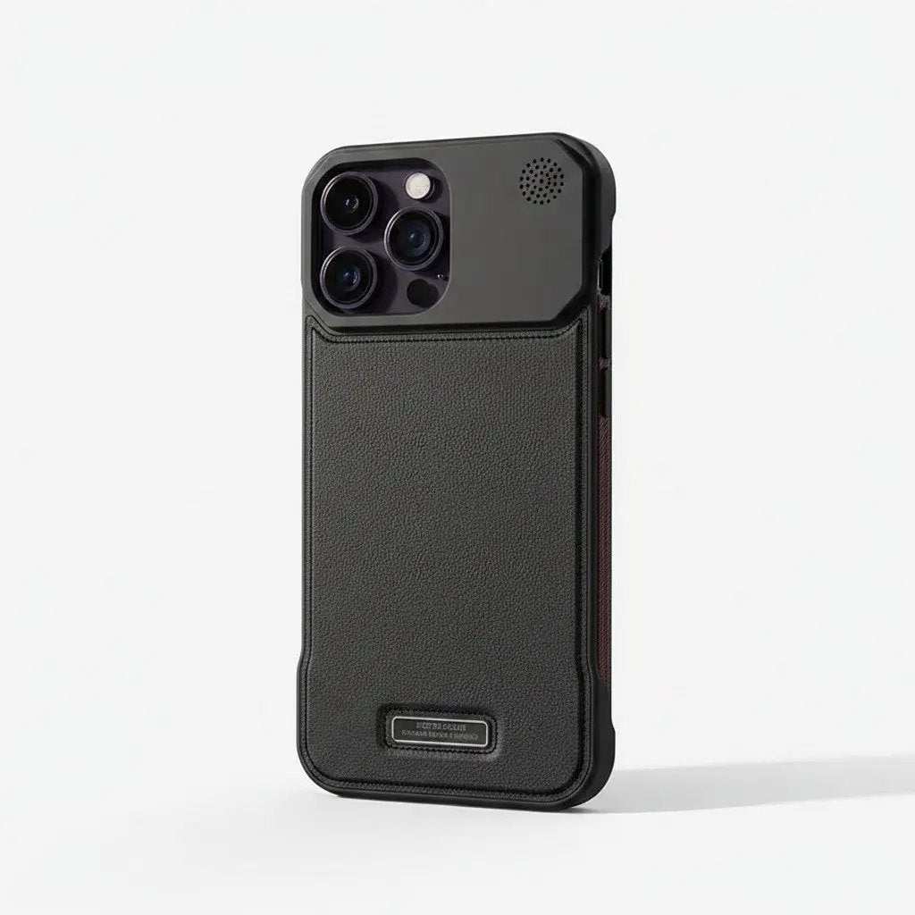 Apple iPhone case in black textured leather with a slim profile, raised triple-camera cutout and small circular speaker grille