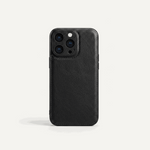 Apple iPhone leather case in black with a textured grain, stitched edges and raised camera lens protection
