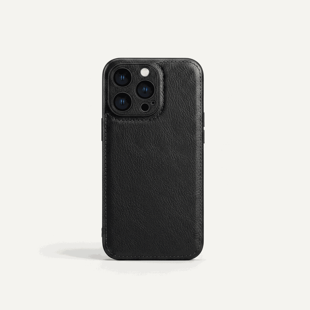 Apple iPhone leather case in black with a textured grain, stitched edges and raised camera lens protection