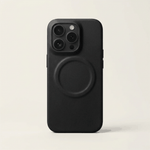 Apple iPhone case in black textured leather with a raised MagSafe ring and protective camera cutout