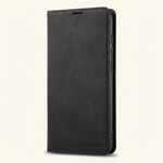 Apple iPhone wallet case in black textured leather with stitched edges, a flip cover and a slim earpiece slot
