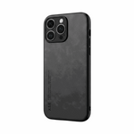 Apple iPhone case in black with a slim textured leather-look finish and raised triple-camera cutout