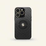 Apple iPhone case in black with a textured finish, radiating ventilation slots, and a circular magnetic grid on the back