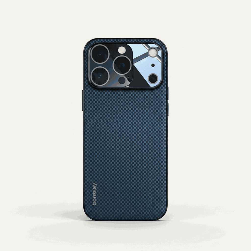 Apple iPhone case in blue and black with a textured woven-check pattern, slim profile and raised camera surround