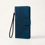 Apple iPhone wallet case in blue leather with an embossed floral pattern, magnetic strap closure and wrist loop