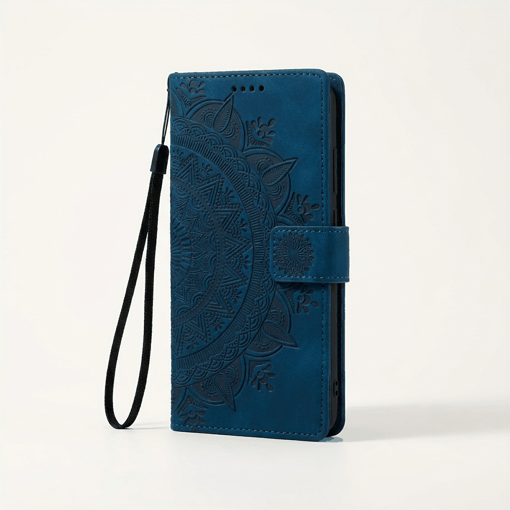 Apple iPhone wallet case in blue leather with an embossed floral pattern, magnetic strap closure and wrist loop
