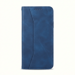 Apple iPhone flip wallet case in blue leather-look material, with stitched edges and a curved front cover