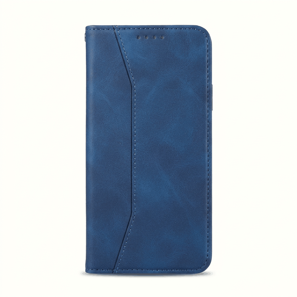 Apple iPhone flip wallet case in blue leather-look material, with stitched edges and a curved front cover