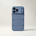 Apple iPhone case in matte blue with a textured bumper and three perforated vent panels across the back