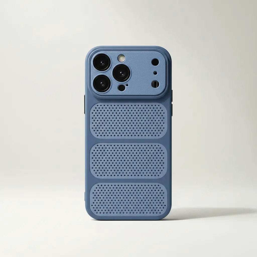 Apple iPhone case in matte blue with a textured bumper and three perforated vent panels across the back