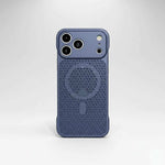 Apple iPhone case in blue with a matte honeycomb-textured back, circular MagSafe ring and raised camera rim