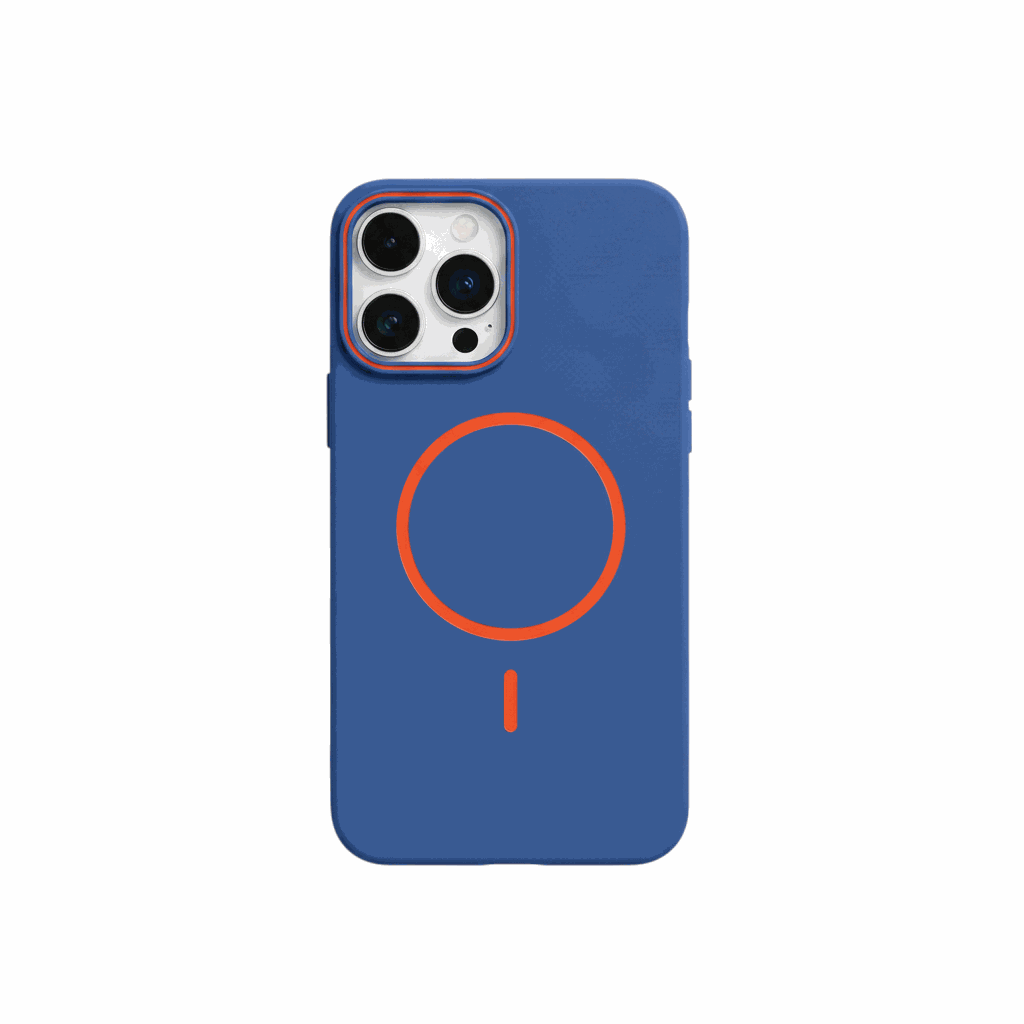 Apple iPhone case in blue soft matte material with an orange MagSafe ring and camera cutout trim