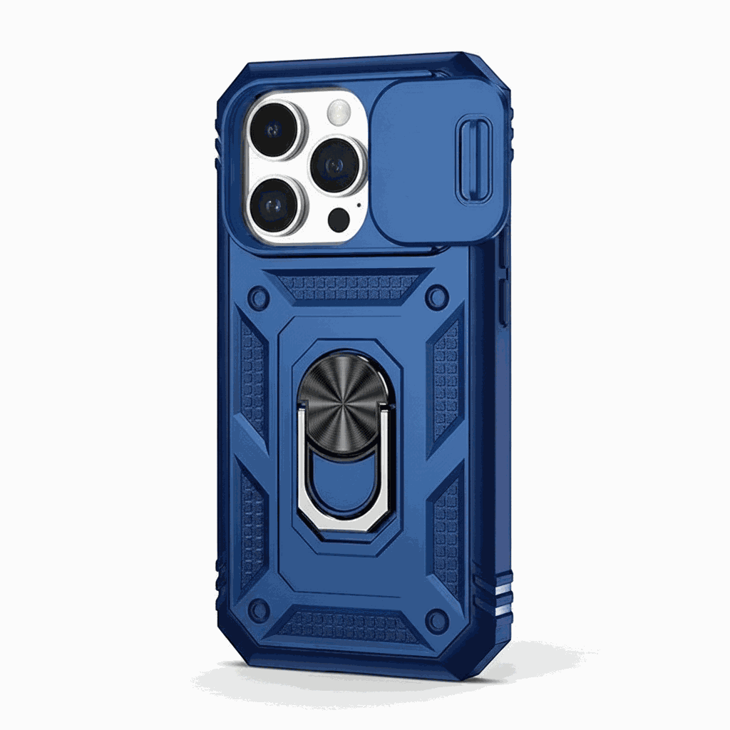 Apple iPhone rugged case in dark blue with a textured shockproof shell, camera cover and metal ring stand