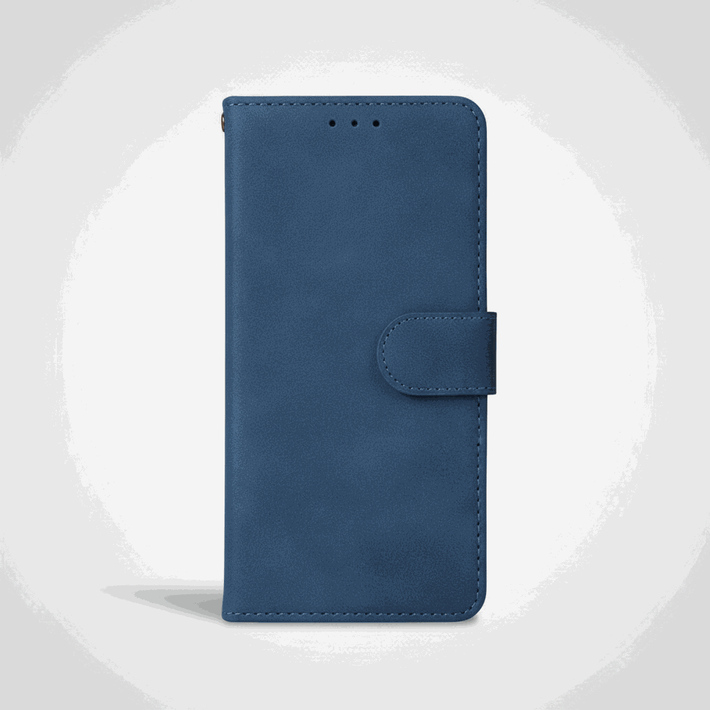 Apple iPhone blue textured leather wallet case with stitched edges and a magnetic closure tab