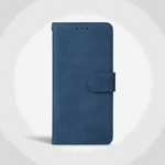 Apple iPhone blue textured leather wallet case with stitched edges and a magnetic closure tab