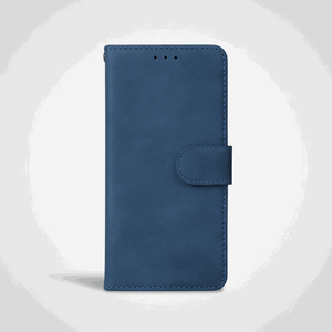 Apple iPhone blue textured leather wallet case with stitched edges and a magnetic closure tab