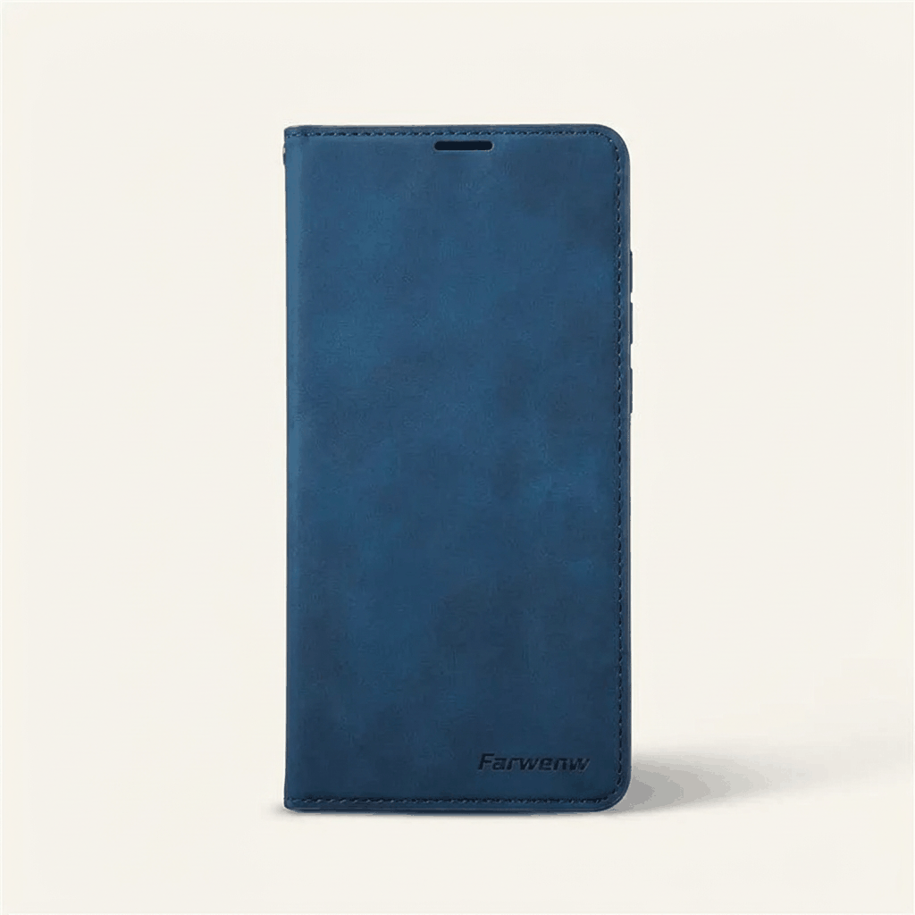 Apple iPhone wallet case in blue textured leather with a stitched flip cover and slim earpiece opening