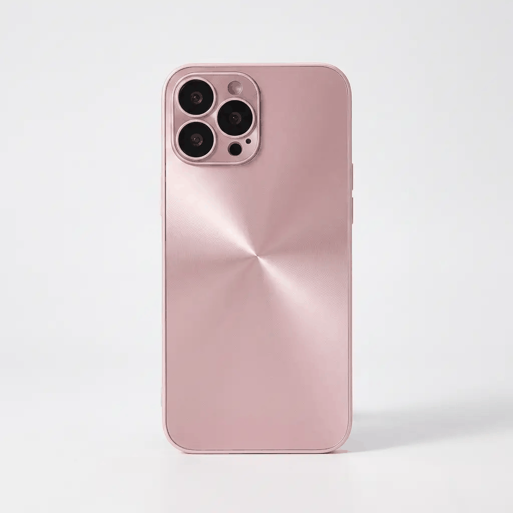 Apple iPhone case in blush pink with a smooth metallic radial finish and raised camera lens protection