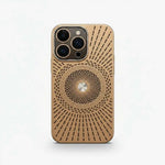 Apple iPhone case in bronze-toned textured material with radiating ventilation slots and a circular MagSafe-style pattern
